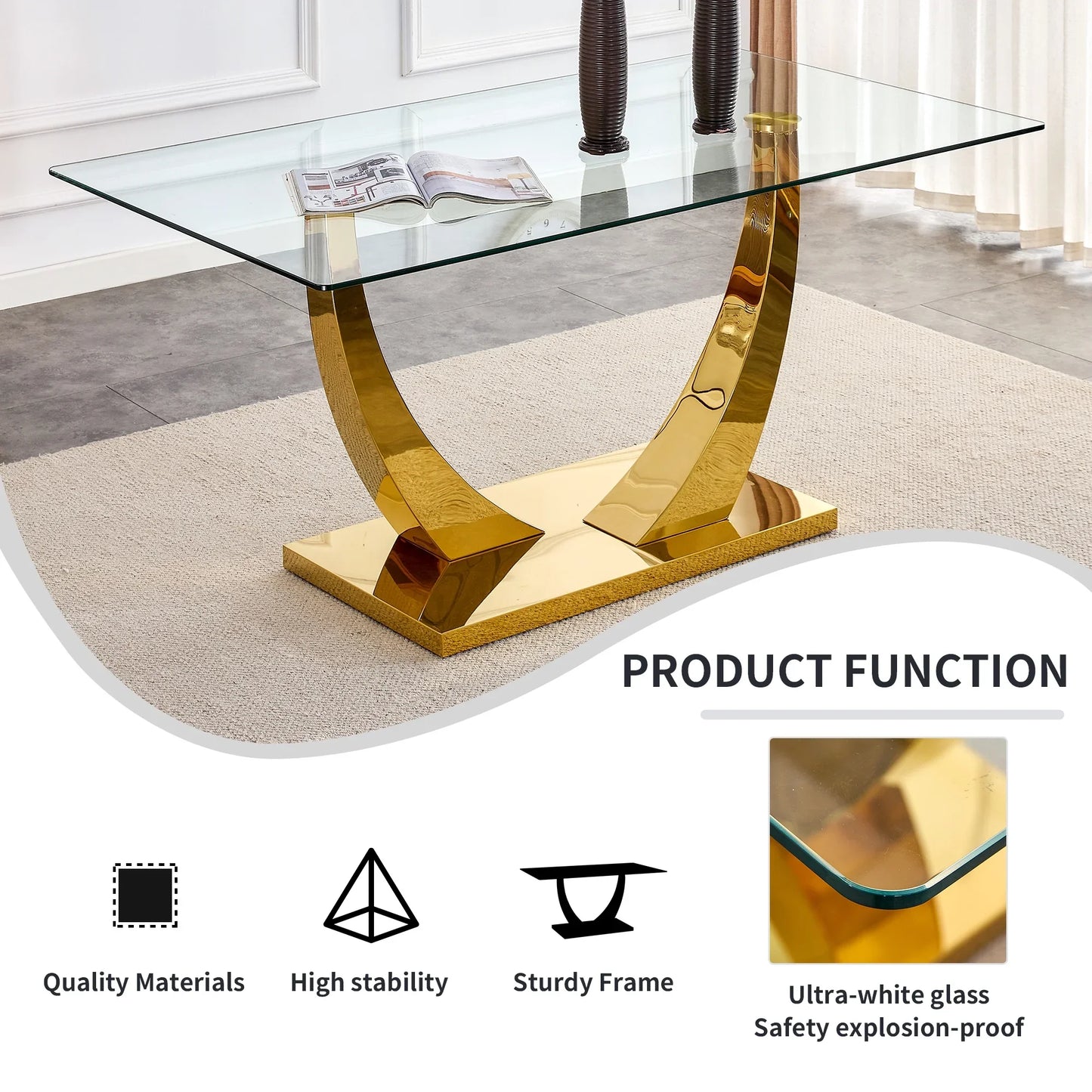 Sumdeal 63" Glass Dining Table Set for 4,Gold Dining Room Table Set for 4,Modern Kitchen Table and PU Leather Chairs for 4,Gray with Gold Leg C Shape