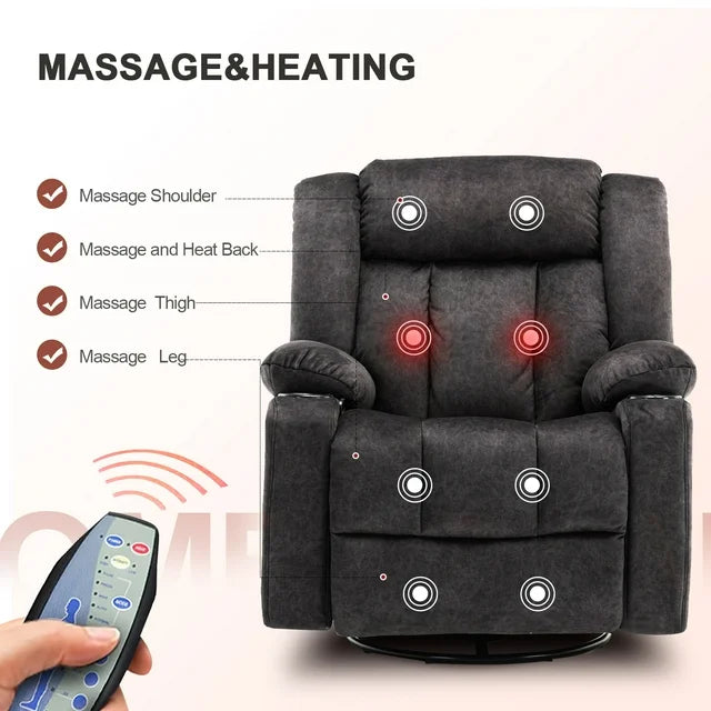 Comhoma Massage Recliner Chair 37.48" Wide 360° Swiveling Sofa Heated Massage Rocker, Gray