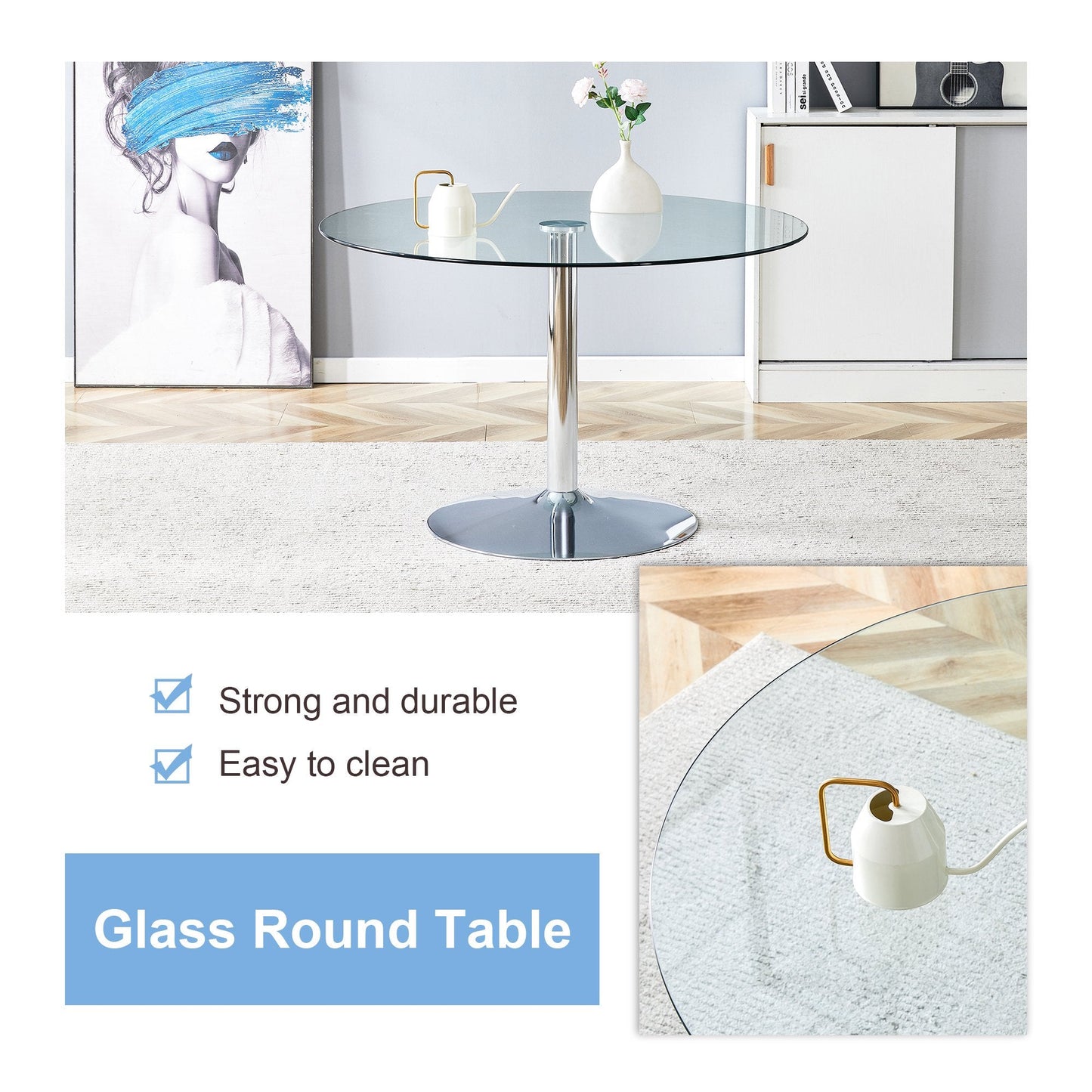 47" Modern Round Bar Style Dining Table Set with 4 Velvet Upholstered Chairs,Silver Leg Glass Table with 4 Black Chairs with Silver Leg