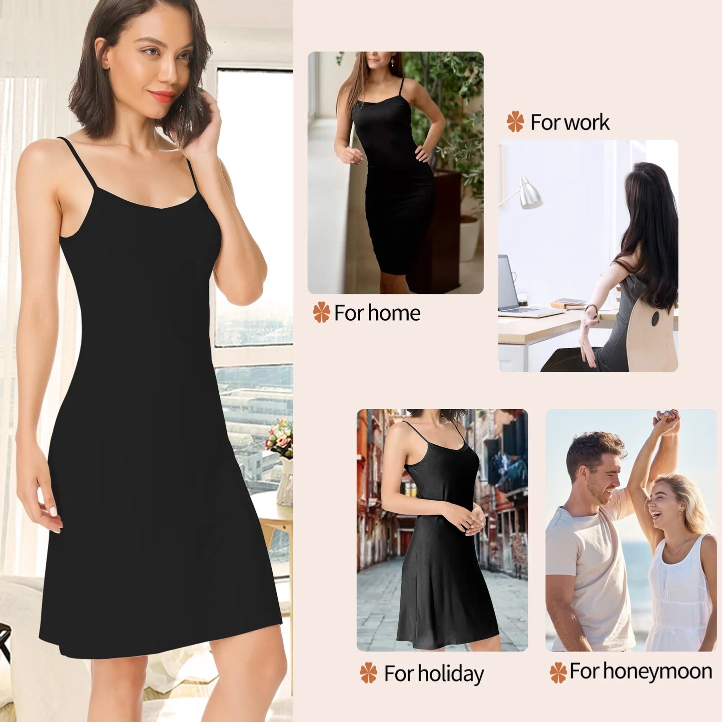 CARCOS Women's Basic Adjustable Spaghetti Strap Cami Full Slip Mini Dress Black, M