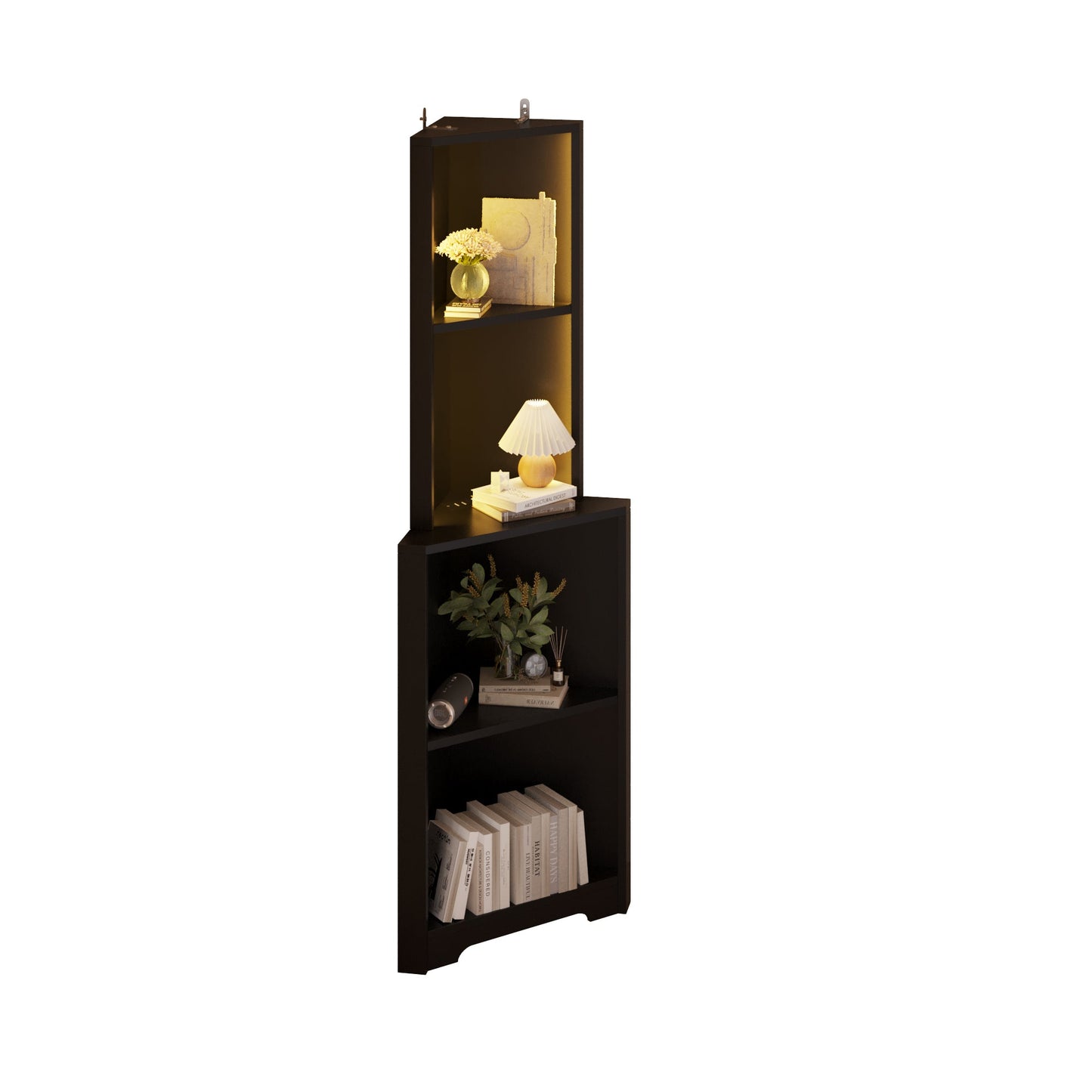 FCH 5-Tier Corner Bookshelf Corner Bookcase Display Storage Rack with LED USB Ports Outlets Black
