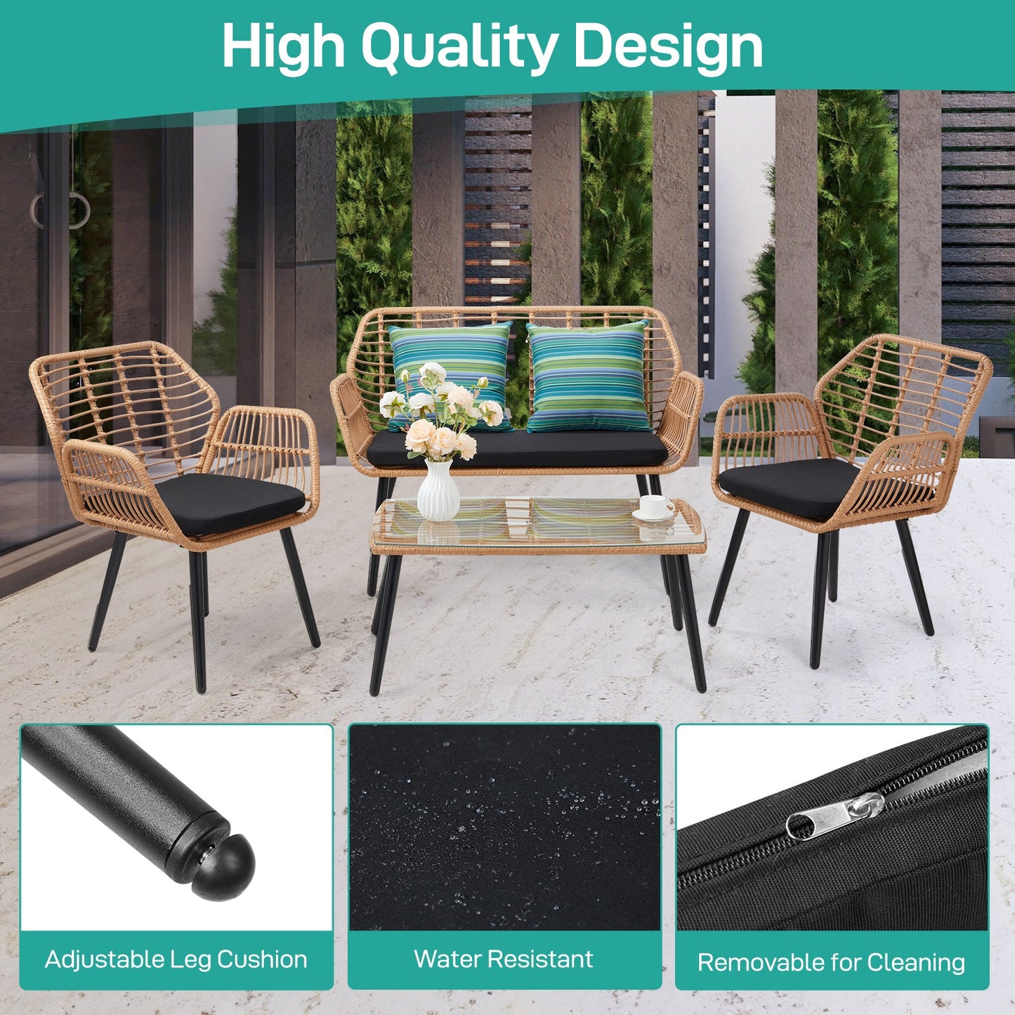 4-Piece Patio Furniture Set, All-Weather Wicker Sectional Sofa,Rattan Furniture Set ,Patio Conversation Set for Deck, Yard, Lawn