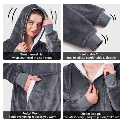 Wearable Blanket Hoodie, Oversized Giant Hoodie Wearable Blanket Sweatshirt for Adult, Sherpa Fleece Blanket Hoodie with Pocket, Warm Cozy Blanket with Zipper Sleeves Grey