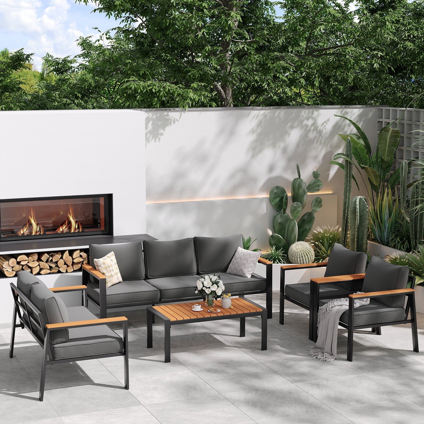 ELPOSUN Aluminum Patio Furniture Set, 8 Pieces Metal Outdoor Furniture Sets, Outdoor Sectional Modern Sofa Sets with Coffee Table for Pool, Garden, Grey (Included Waterproof Covers)