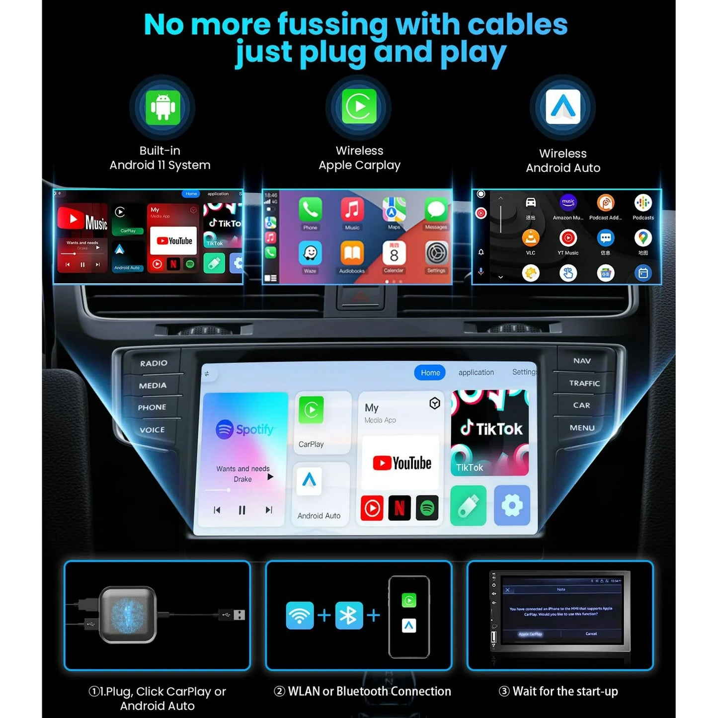 TIMEKNOW Wireless Carplay Adapter Magic Box with Netflix YouTube Tiktok, Upgrade LED Wireless Android Auto Adapter HDMI Dongle for Phone to Miracast/Stream Media to Car/TV, for OEM Wired CarPlay Car