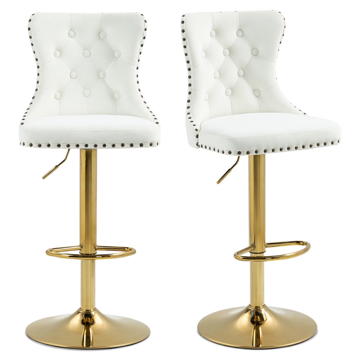 Homhum 360° Swivel Bar Stools Set of 2, Button Tufted Island Stools, Adjustable Seat Height, Beige & Gold