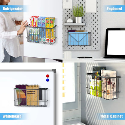 NiHome Magnetic Metal Basket Organizers 2PCS Medium & Small, Versatile Storage for Kitchen & Office Holds Up to 14 lbs, Easy Attach to Refrigerator or Any Magnetic Surface, Space-Saving Design(Black)