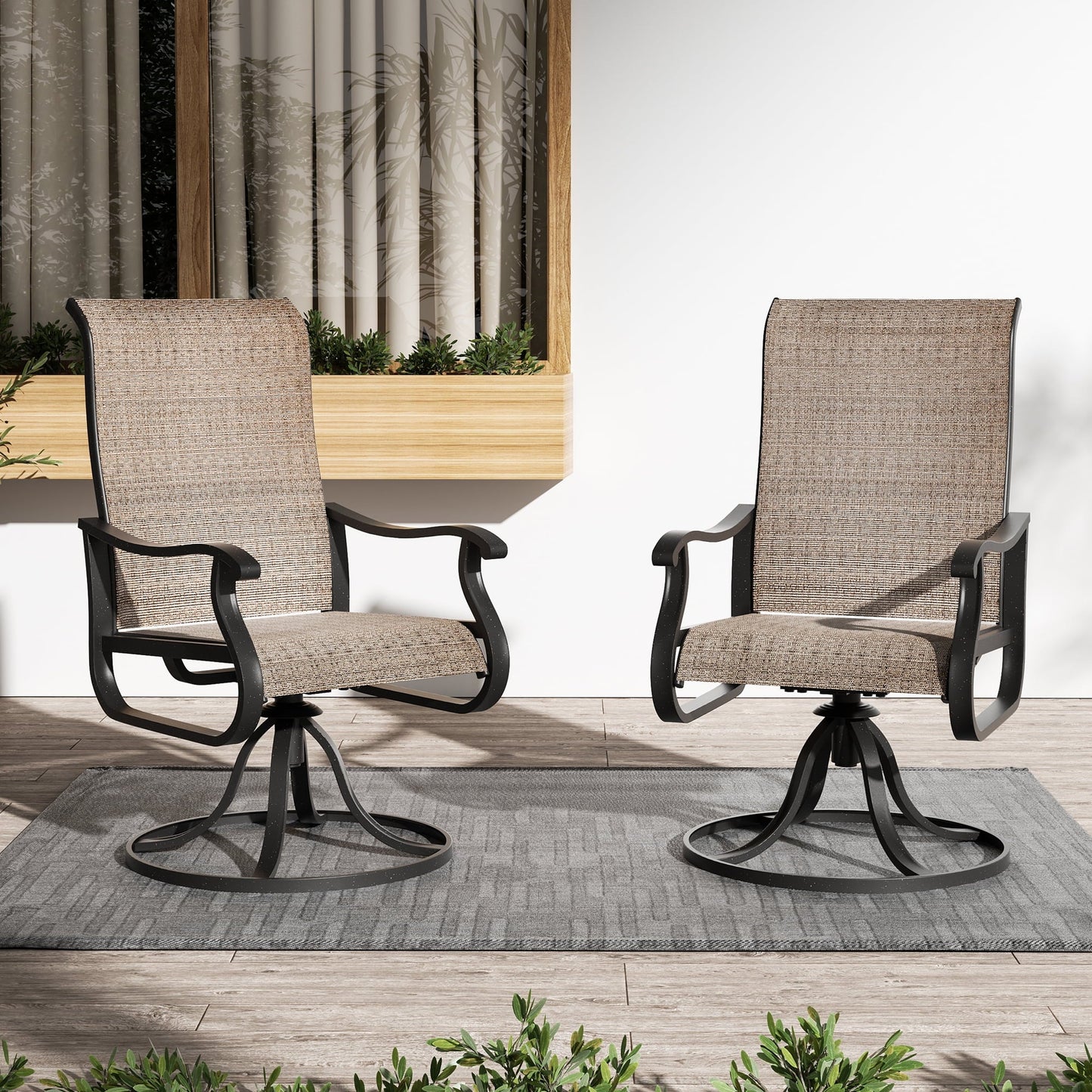 ELPOSUN Patio Swivel Chairs Set of 2, Outdoor Dining Chairs High Back All Weather Breathable Textilene Outdoor Swivel Chairs with Metal Rocking Frame for Lawn Garden Backyard Deck, Khaki