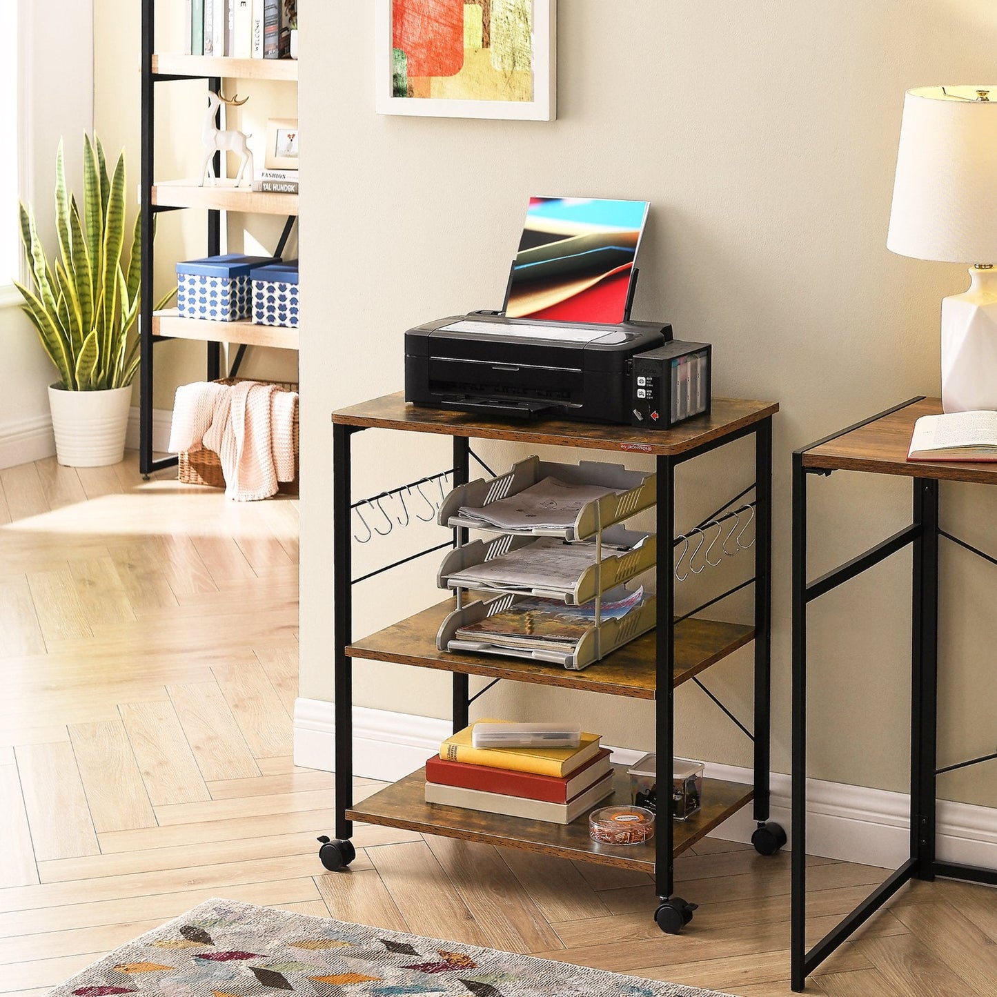 JOZ 3-Tier Kitchen Utility Serving Cart, Multifunction Microwave Oven Stand, Baker's Rack with Storage Shelf and 10 Hooks, Black