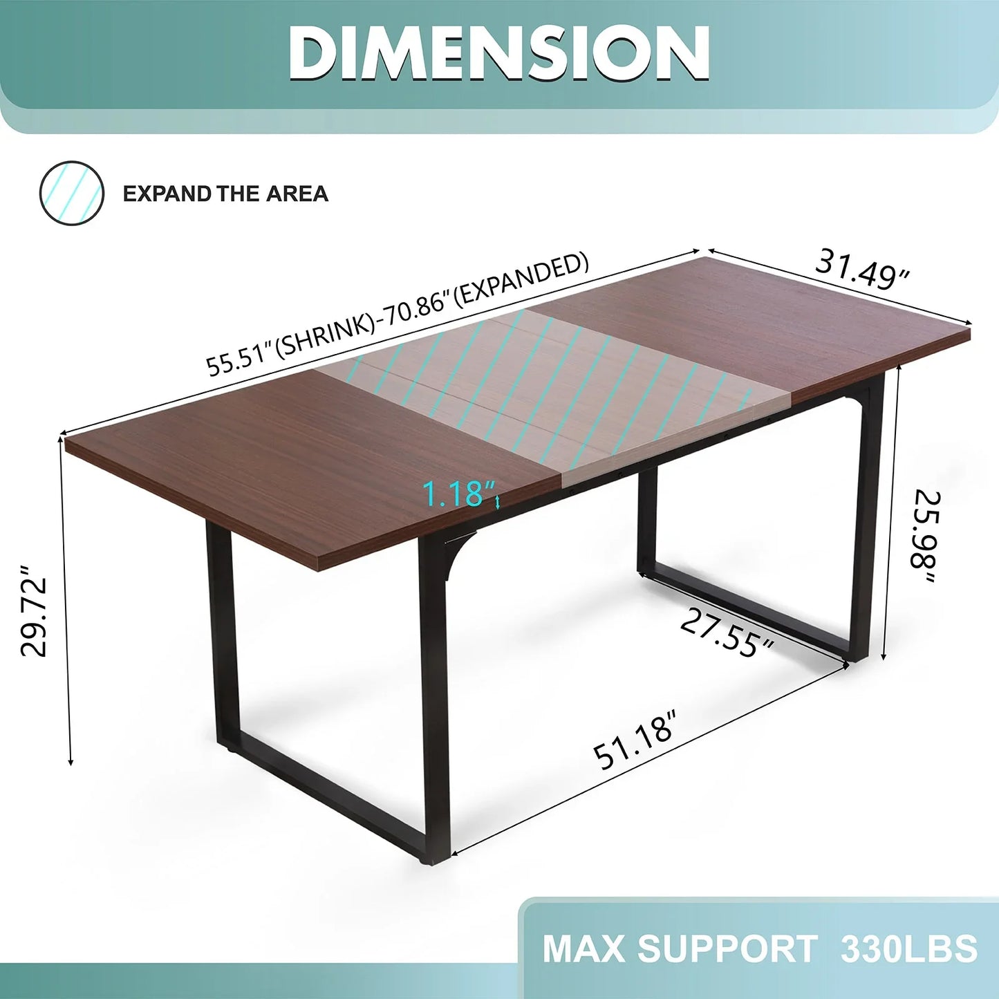 Homhum Extendable 70.86-Inch Wood Dining Table, Heavy-Duty Frame and for 4 to 8 People, Brown