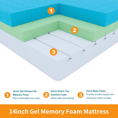 ESHINE Twin XL 14-inch Mattress, Green Tea Cooling Gel Memory Foam, Ergonomic Design for Pressure Relief, Medium Soft, Black