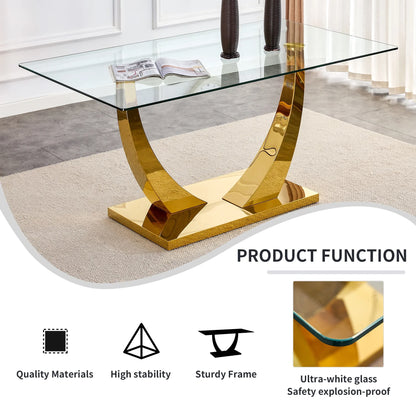 Sumdeal 63" Glass Dining Table Set for 4,Gold Dining Room Table Set for 4,Modern Kitchen Table and PU Leather Chairs for 4,Gray with Gold Leg C Shape