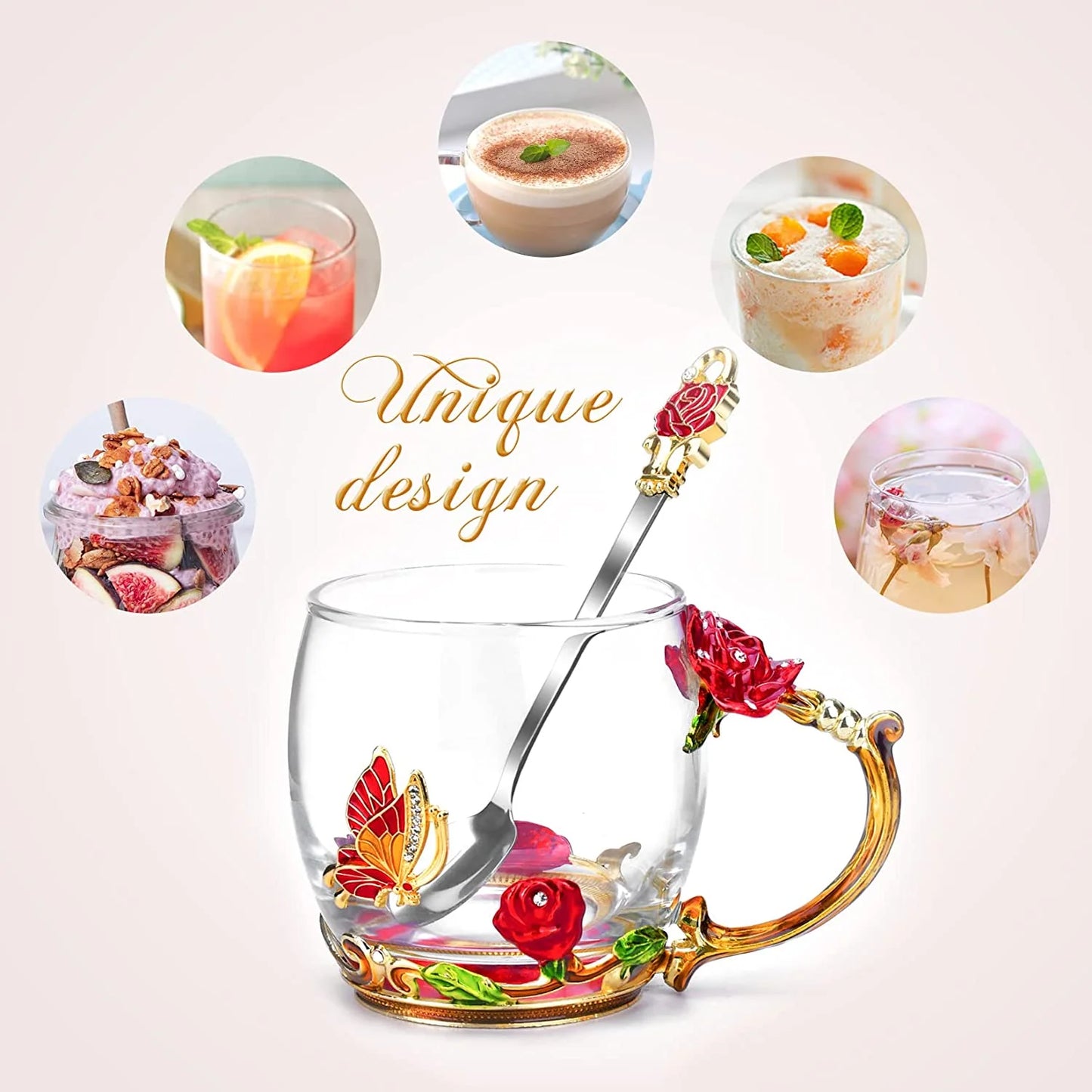Gifts for Women Glass Coffee Enamel Mug Gifts Set, Best Birthday Butterfly Rose Gifts for Women Mom Valentines Day Mothers Day Christmas Anniversary, Lead-Free Red Tea Cup with Spoon Set