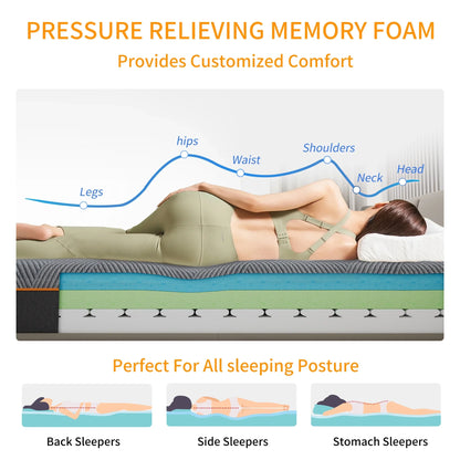 ESHINE Twin XL 14-inch Mattress, Green Tea Cooling Gel Memory Foam, Ergonomic Design for Pressure Relief, Medium Soft, Black