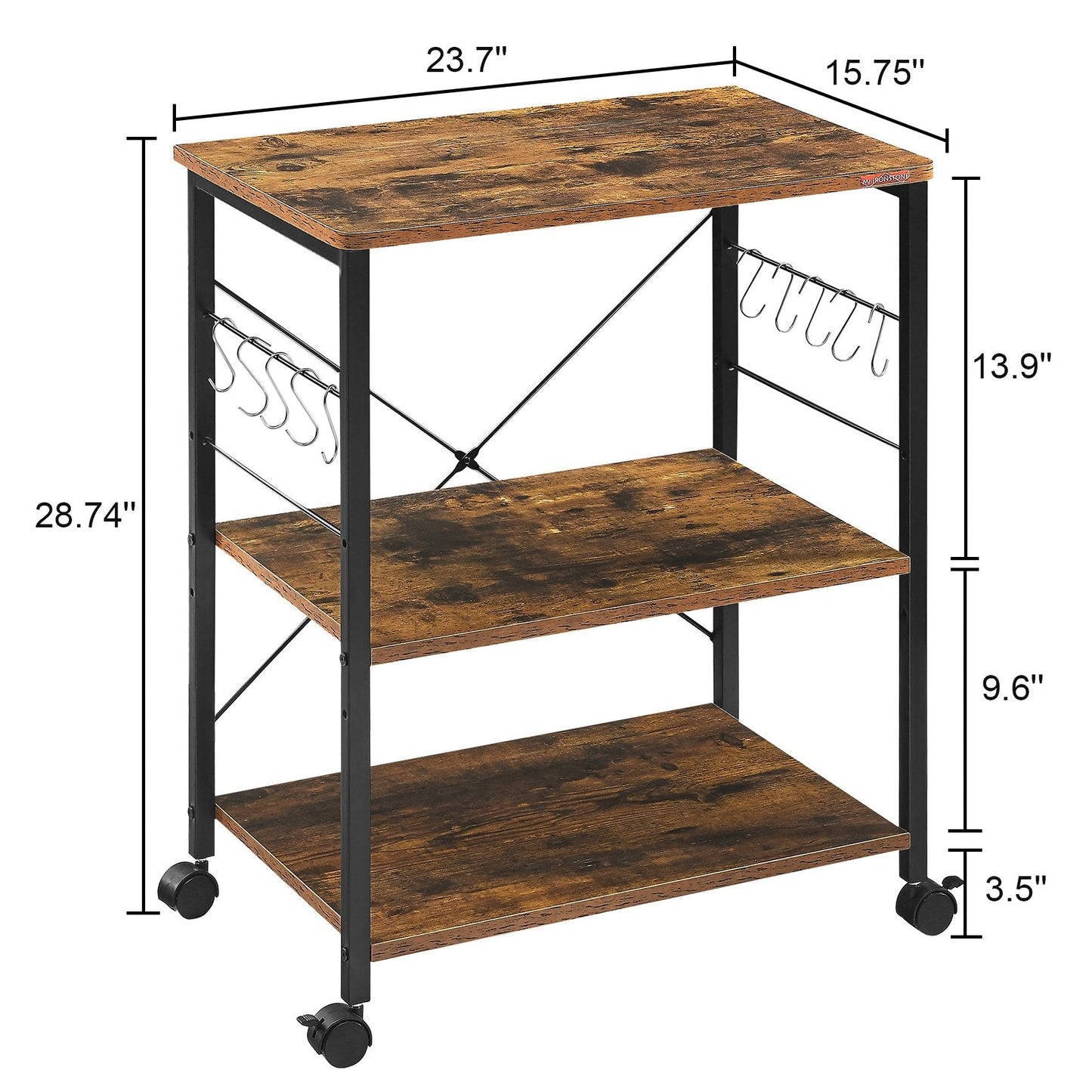 JOZ 3-Tier Kitchen Utility Serving Cart, Multifunction Microwave Oven Stand, Baker's Rack with Storage Shelf and 10 Hooks, Black
