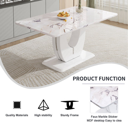 63" Modern Rectangle Faux Marble Dining Table Room Sets for 6,Dining Table with 6 Velvet Dining Chairs,White Table and 6 Gray Chairs with Silver Leg