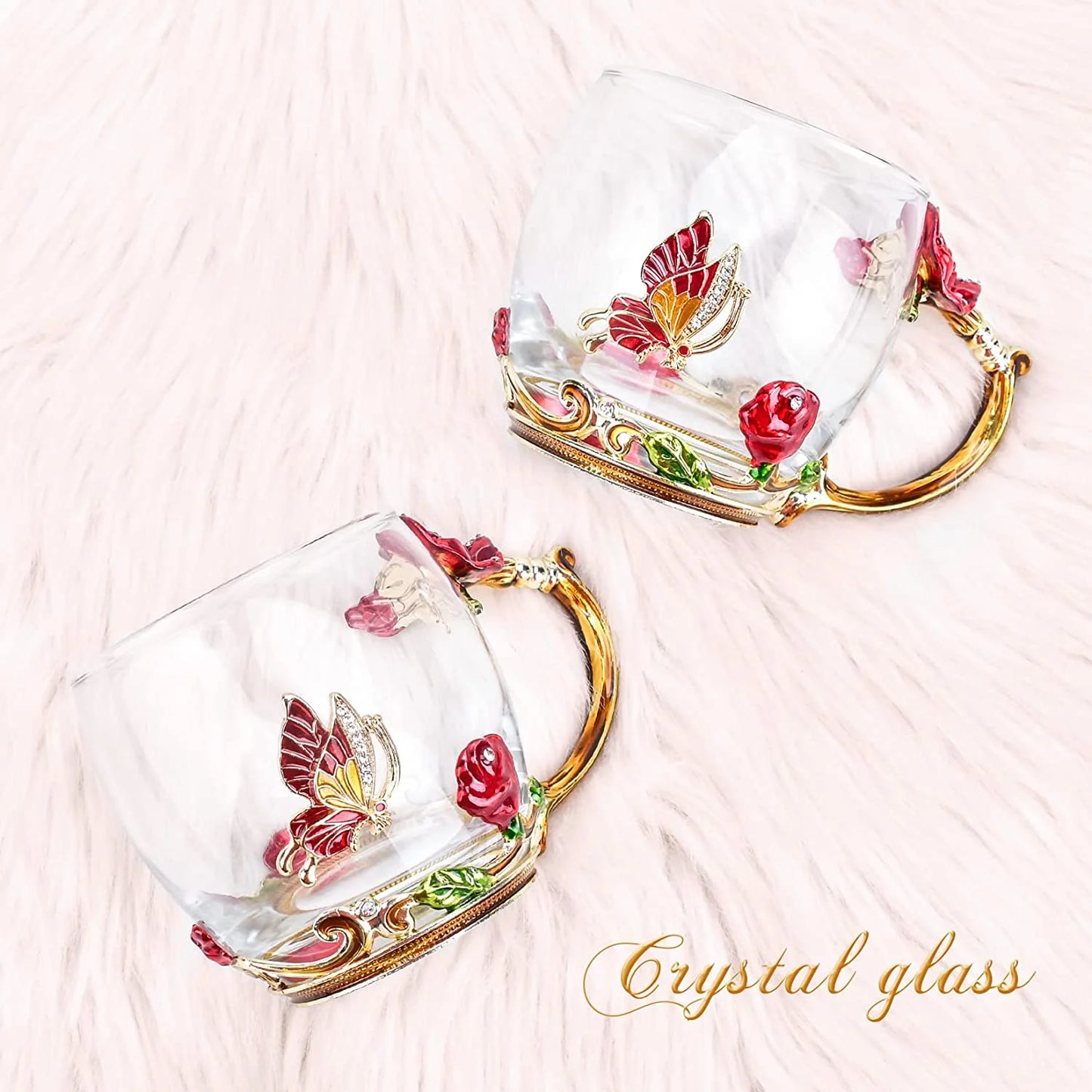 Gifts for Women Glass Coffee Enamel Mug Gifts Set, Best Birthday Butterfly Rose Gifts for Women Mom Valentines Day Mothers Day Christmas Anniversary, Lead-Free Red Tea Cup with Spoon Set