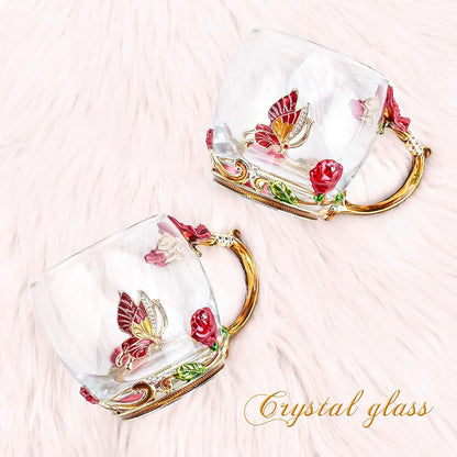 Gifts for Women Glass Coffee Enamel Mug Gifts Set, Best Birthday Butterfly Rose Gifts for Women Mom Valentines Day Mothers Day Christmas Anniversary, Lead-Free Red Tea Cup with Spoon Set