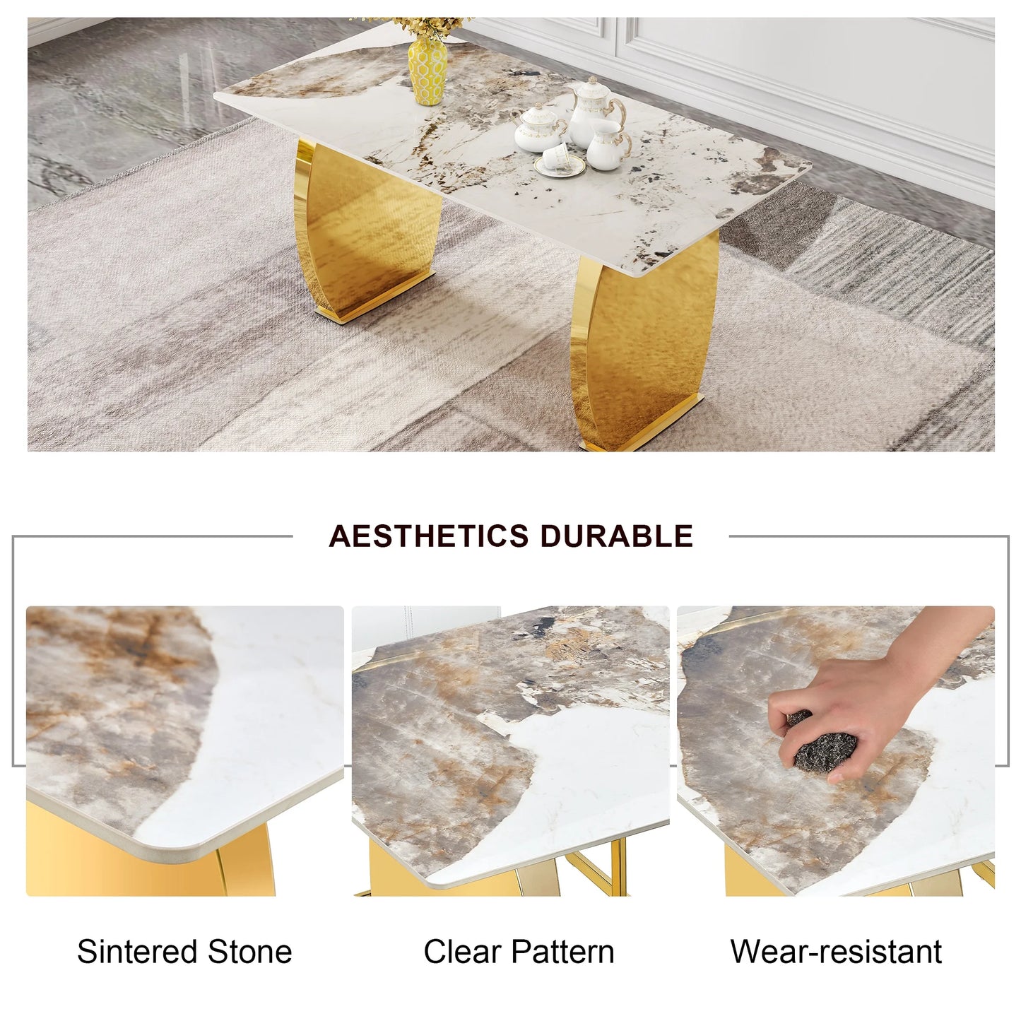 Sumdeal 63 Modern Sintered Stone Dining Table with 6 Velvet Dining Chairs,White pattened Table with Golden Leg,6 Beige Chairs