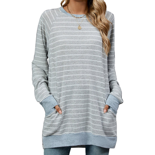 SHIBEVER Womens long sleeve tops Stripe plus size sweater pullover Shirts Casual Oversized Blouse Tunic with Pocket
