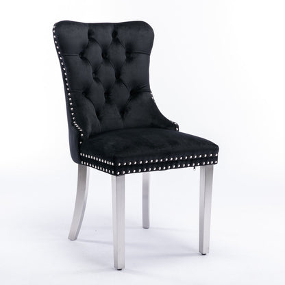 Sumdeal Velvet Dining Chairs Set of 4, Tall Back Side Chair, Modern Upholstered High-end Tufted Side Chair with Button Back Ring,Black with Silver Leg