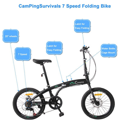 Zimtown 20" Adult Folding Bike, 7 Speed Shimano Lightweight City Commuter Bicycle, Black