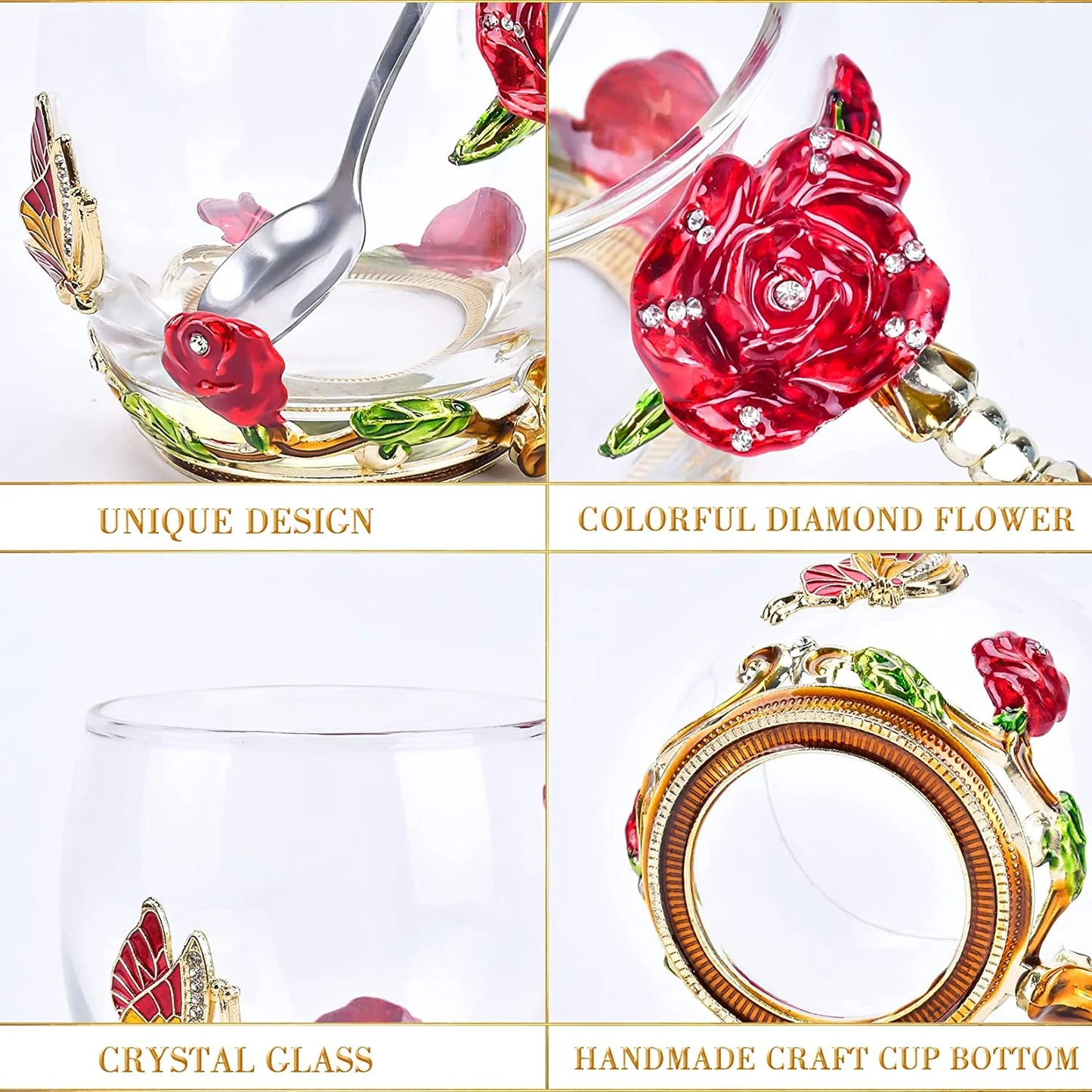 Gifts for Women Glass Coffee Enamel Mug Gifts Set, Best Birthday Butterfly Rose Gifts for Women Mom Valentines Day Mothers Day Christmas Anniversary, Lead-Free Red Tea Cup with Spoon Set