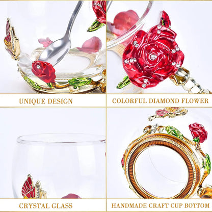 Gifts for Women Glass Coffee Enamel Mug Gifts Set, Best Birthday Butterfly Rose Gifts for Women Mom Valentines Day Mothers Day Christmas Anniversary, Lead-Free Red Tea Cup with Spoon Set