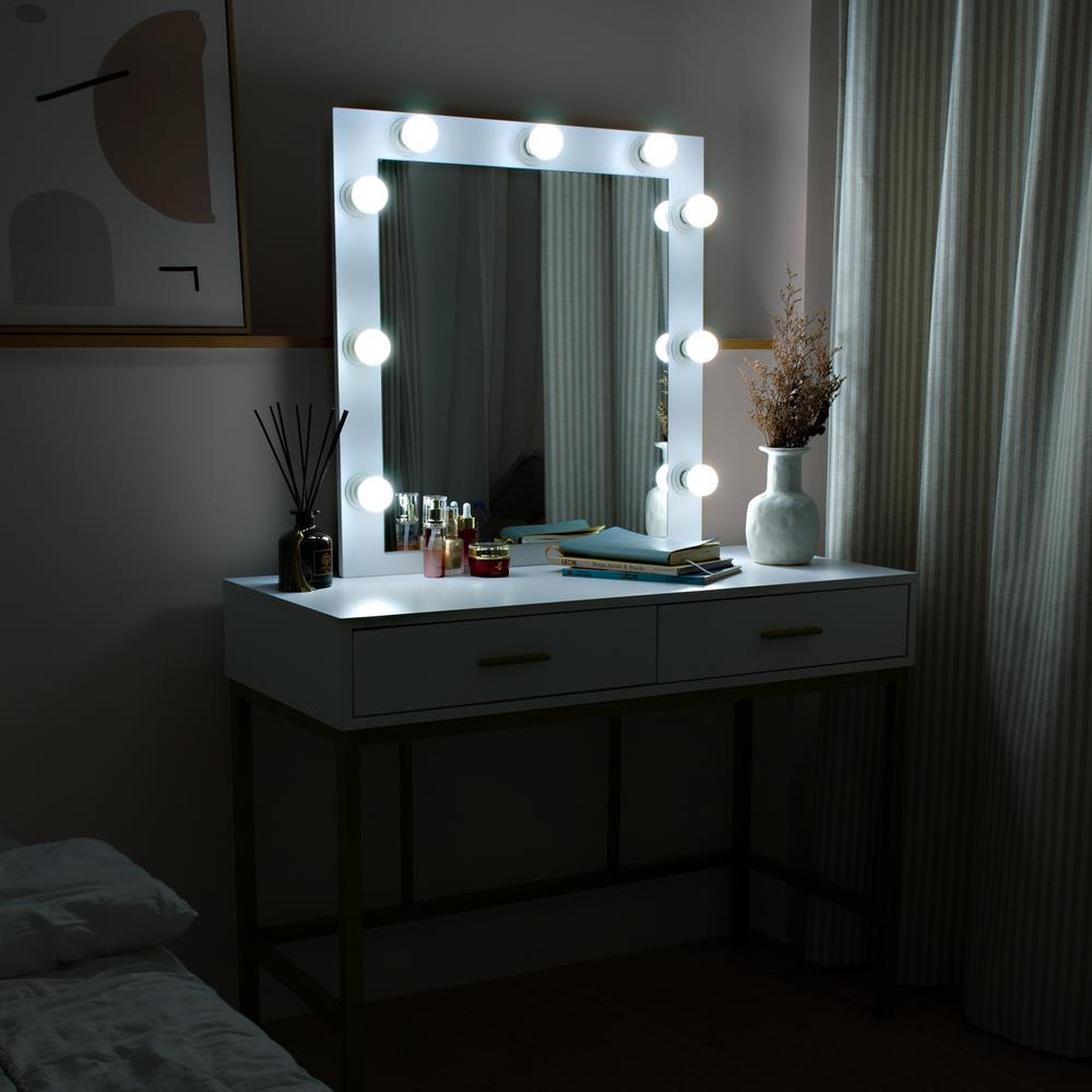 Zimtown Wood Vanity Set Makeup Table with Lighted Mirror Dressing Table Dresser Desk with 2 Drawers for Bedroom (White)