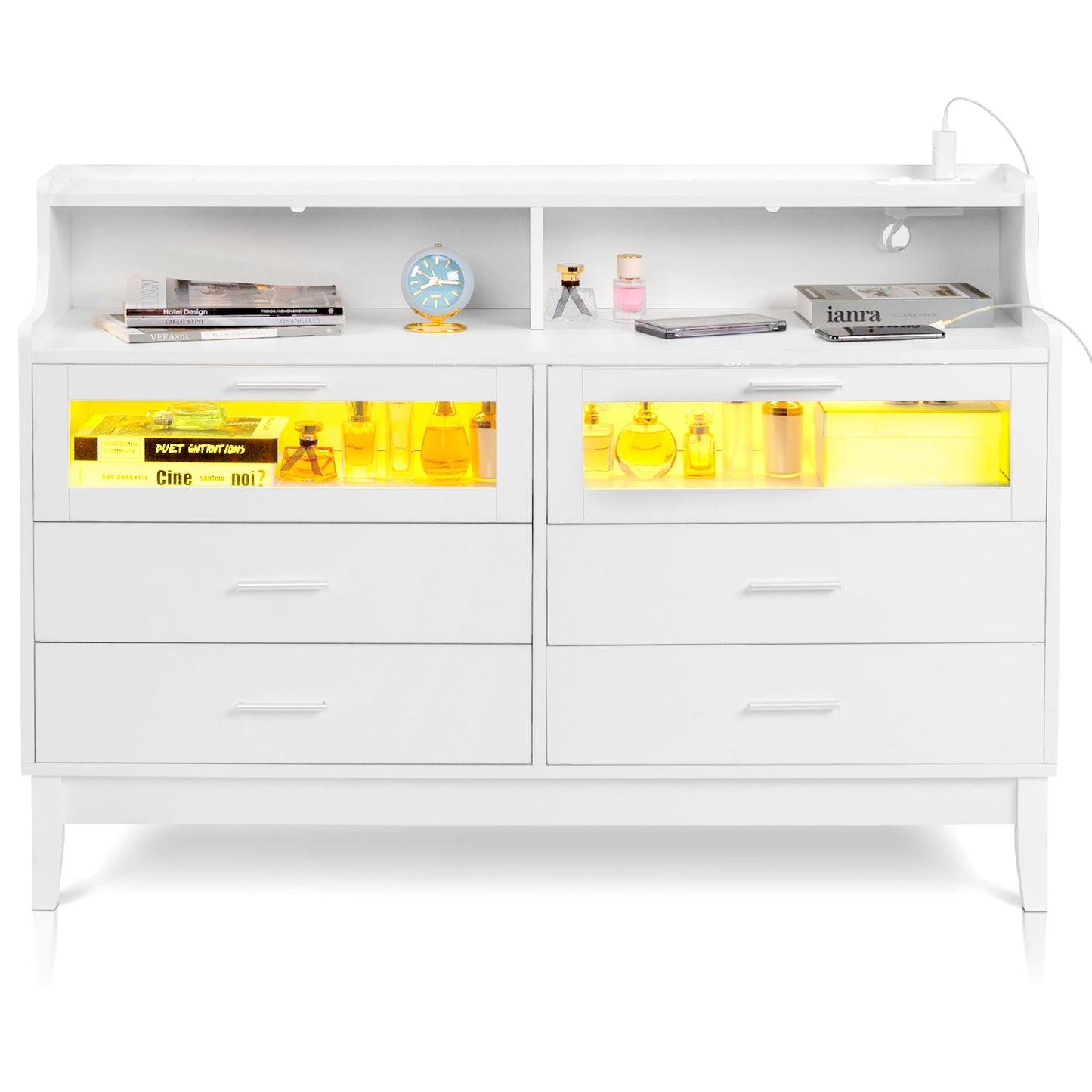 Zimtown 6 Drawer Double Dresser for Bedroom with Charging Station, Wide Chest of Drawers with LED Light, Traditional Bedroom Furniture, White