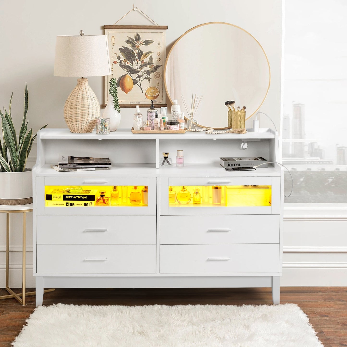 Zimtown 6 Drawer Double Dresser for Bedroom with Charging Station, Wide Chest of Drawers with LED Light, Traditional Bedroom Furniture, White