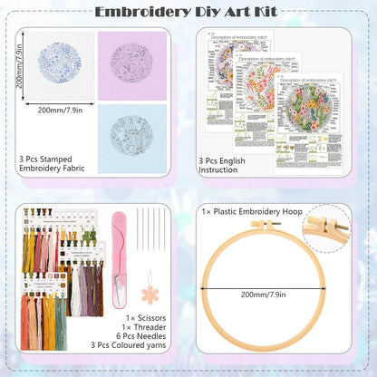 3 Pack Embroidery Kit for Beginners, Sewing Cross Stitch Starter Set with Flowers and Plants Pattern Stamped Cloth Hoops Threads and Needles, DIY Handmade Sewing Crafts