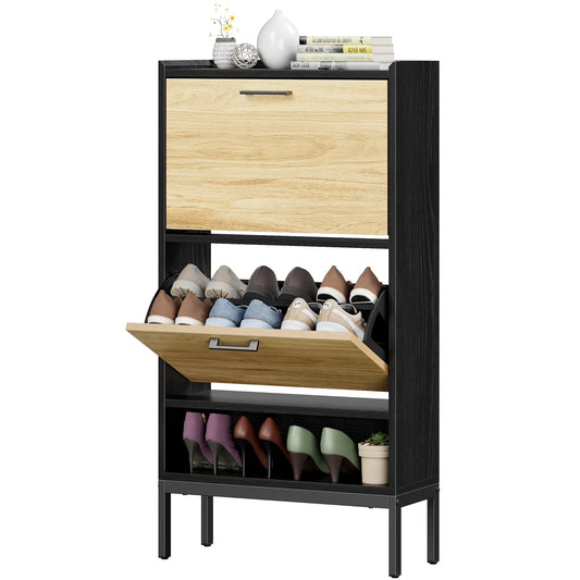 JOZ Shoe Cabinet for Entryway, Shoe Storage Cabinet Shoe Rack Organizer with 2 Flip Drawers for Hallway Bedroom Closet Living Room, Black
