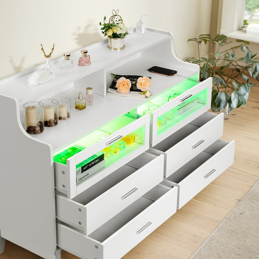 Zimtown 6 Drawer Double Dresser for Bedroom with Charging Station, Wide Chest of Drawers with LED Light, Traditional Bedroom Furniture, White