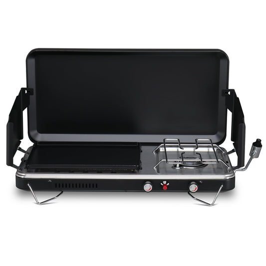 Tabletop 2-in-1 Camping Griddle/Stove Propane Stove Camping Portable Griddle Burner w/ Windpanel