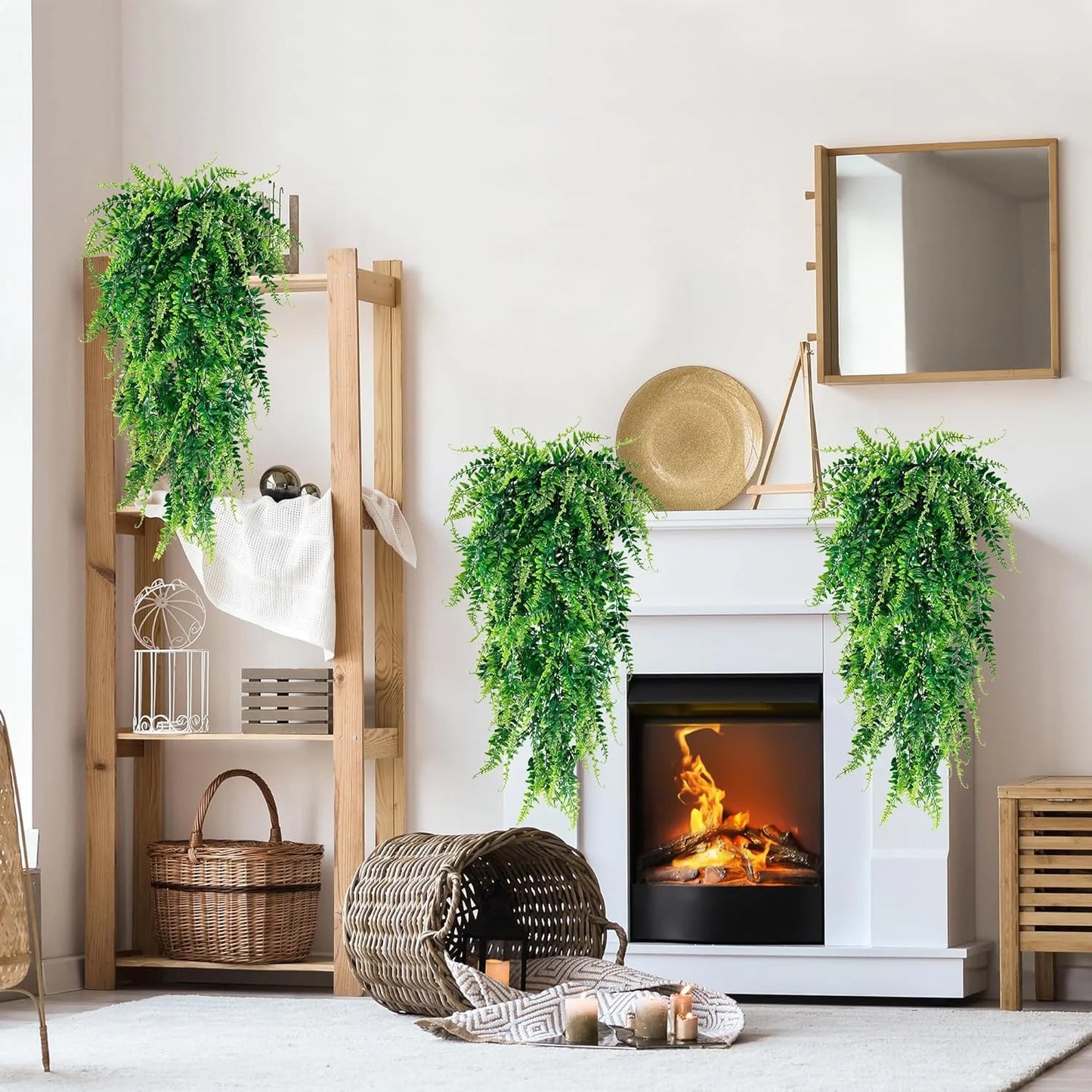 2 Pack Artificial Hanging Boston Fern Plants Faux Rattan Plants Fake Vines Greenery for Indoor Outdoor Room Wall Wedding Patio Porch Decor
