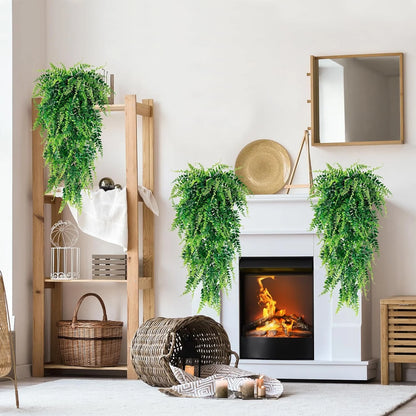 2 Pack Artificial Hanging Boston Fern Plants Faux Rattan Plants Fake Vines Greenery for Indoor Outdoor Room Wall Wedding Patio Porch Decor